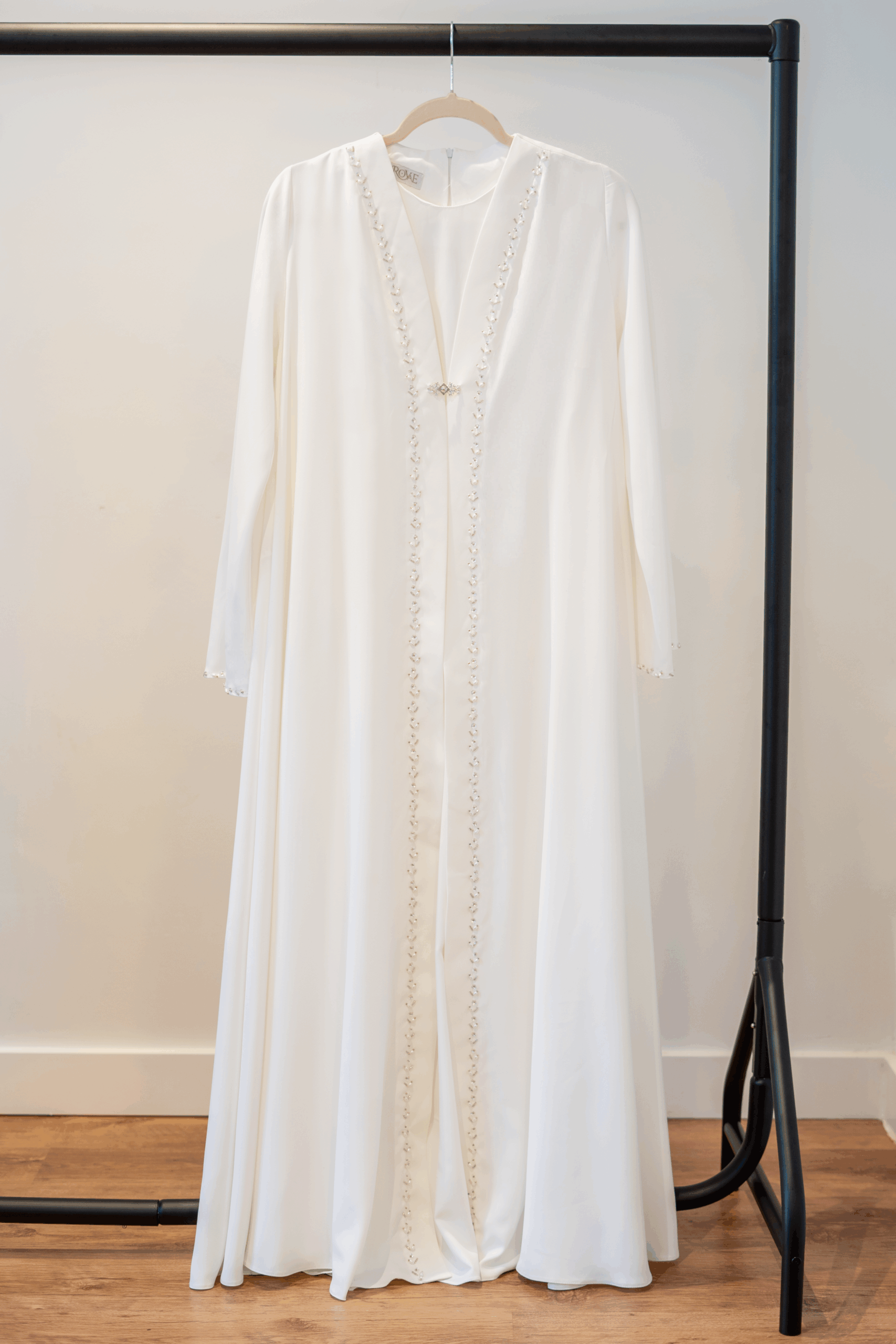Adoria Hand-Embellished Abaya in White – Kenzo crepe with hand-stitched beadwork