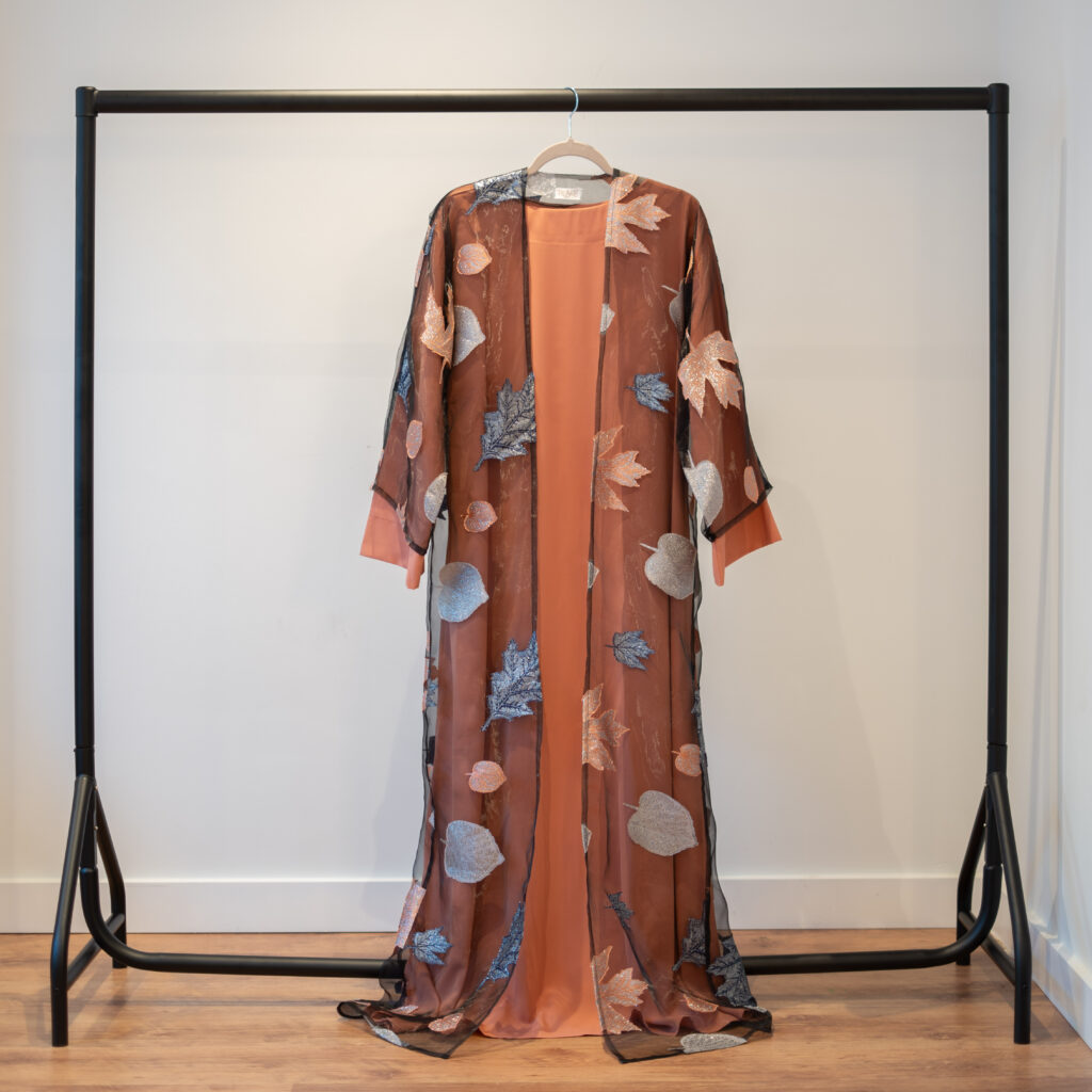 Autumn Bloom abaya in Peach Beige – two-piece design with printed mesh
