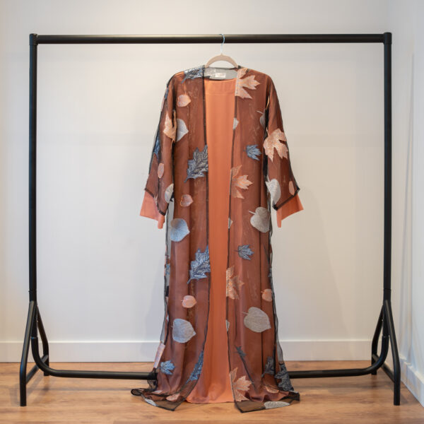 Autumn Bloom abaya in Peach Beige – two-piece design with printed mesh