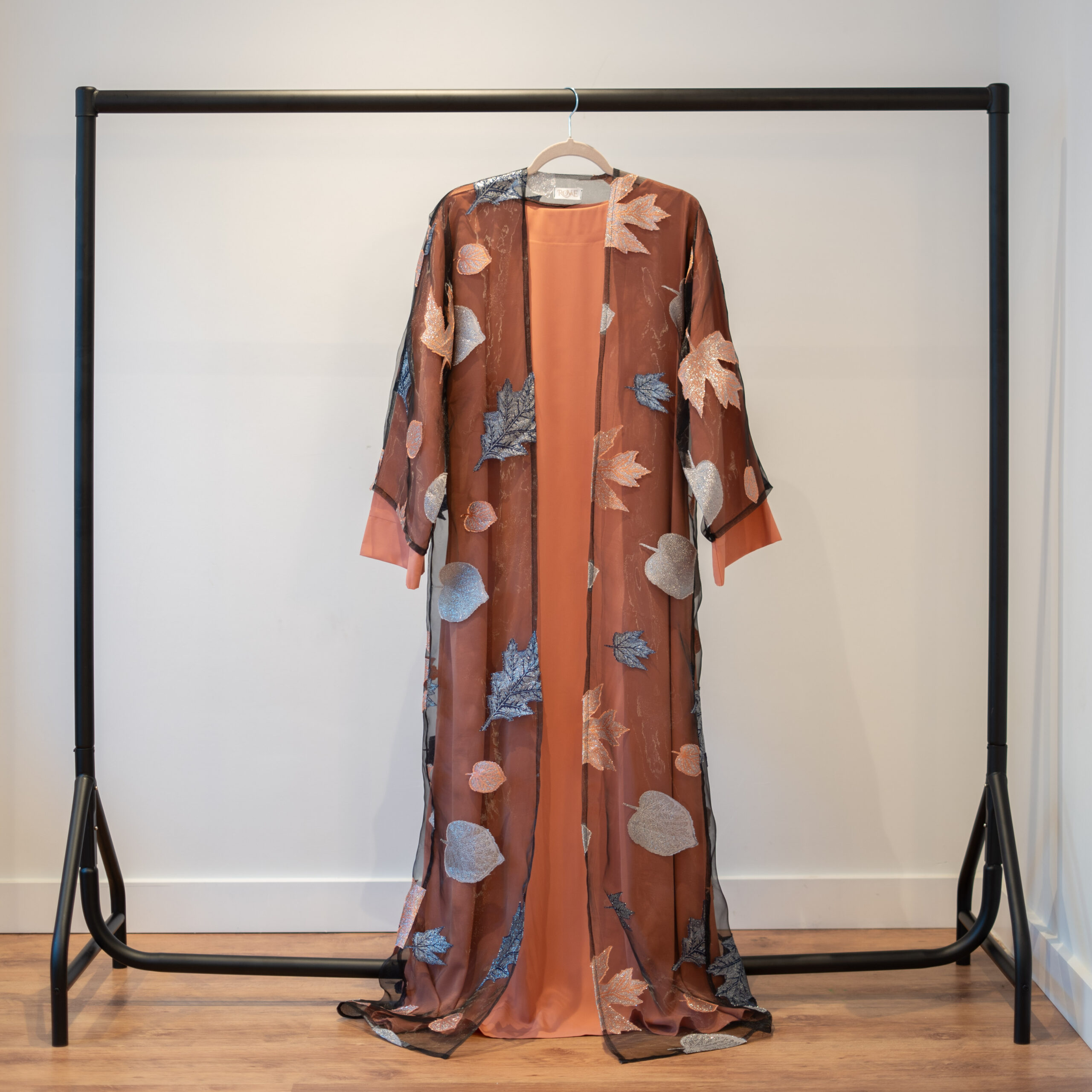 Autumn Bloom abaya in Peach Beige – two-piece design with printed mesh
