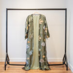 Autumn Bloom abaya in Pistachio Green – full length abaya with patterned overlay
