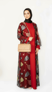 Autumn Bloom embroidered abaya in Red – worn on model, full front view