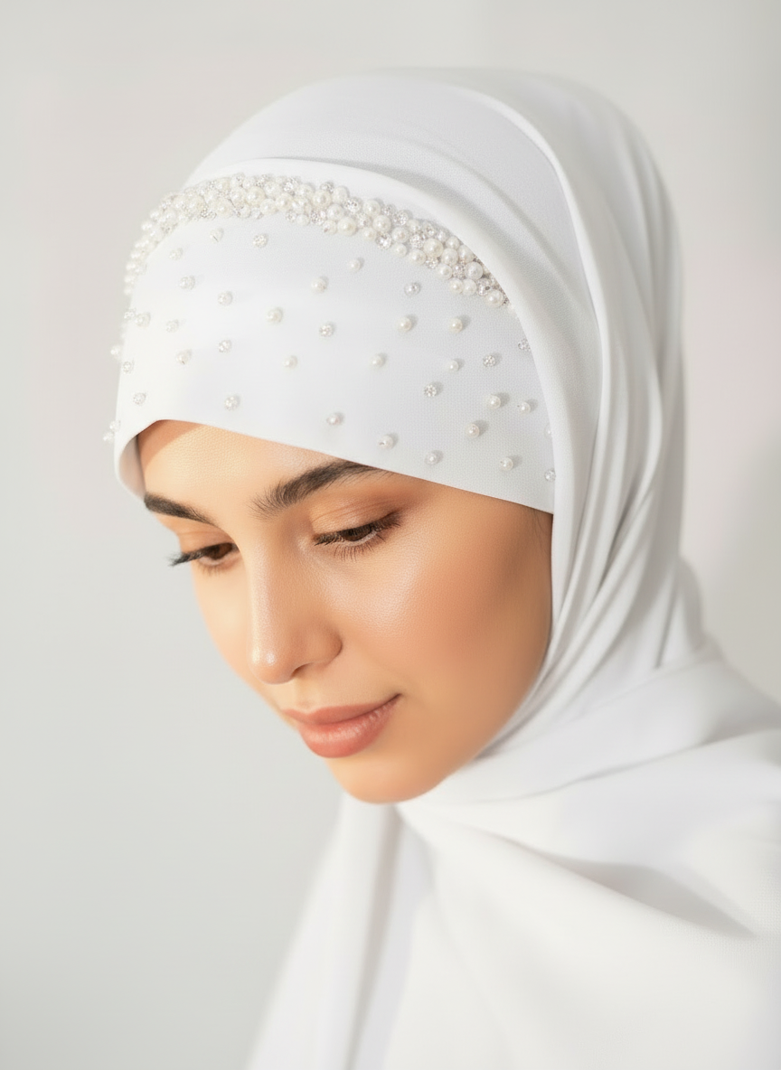 Model wearing the white Pearl Tuck-In Hijab with hand-applied pearls and crystals.