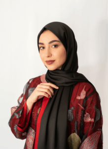 Model wearing Velora Collection – Midnight Black chiffon scarf