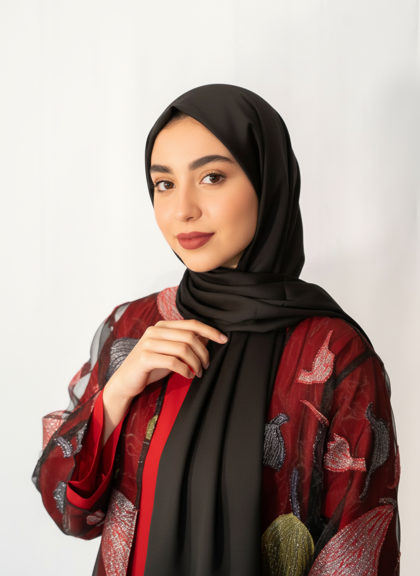 Model wearing Velora Collection – Midnight Black chiffon scarf