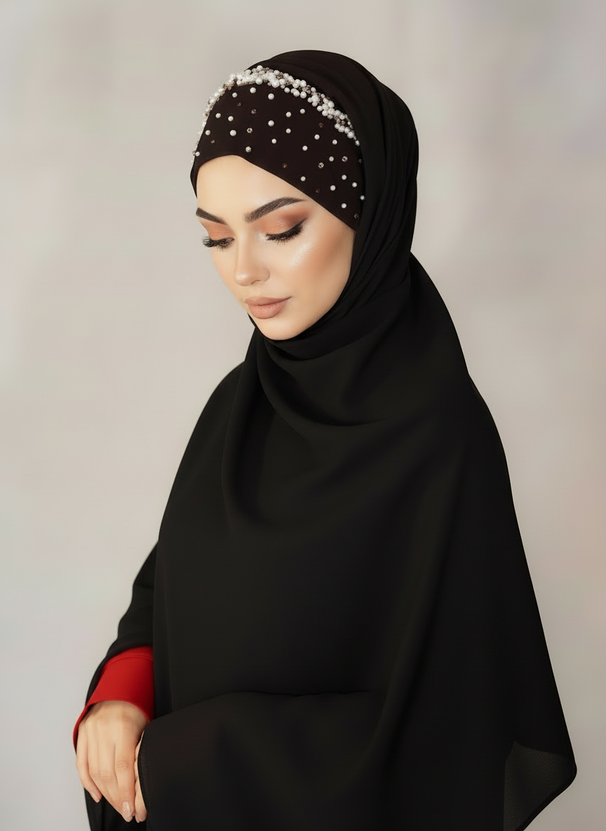 Black Pearl Tuck-In Hijab with handcrafted beaded details, worn by a model.
