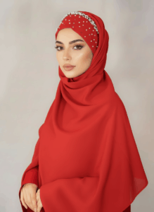 Pearl Tuck-In Hijab in Tomato Red – handcrafted with pearls
