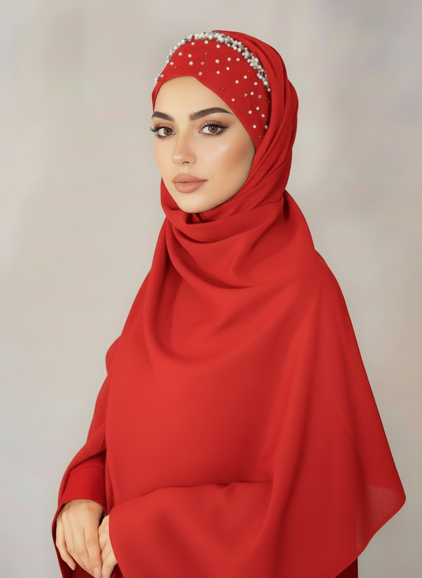 Pearl Tuck-In Hijab in Tomato Red – handcrafted with pearls
