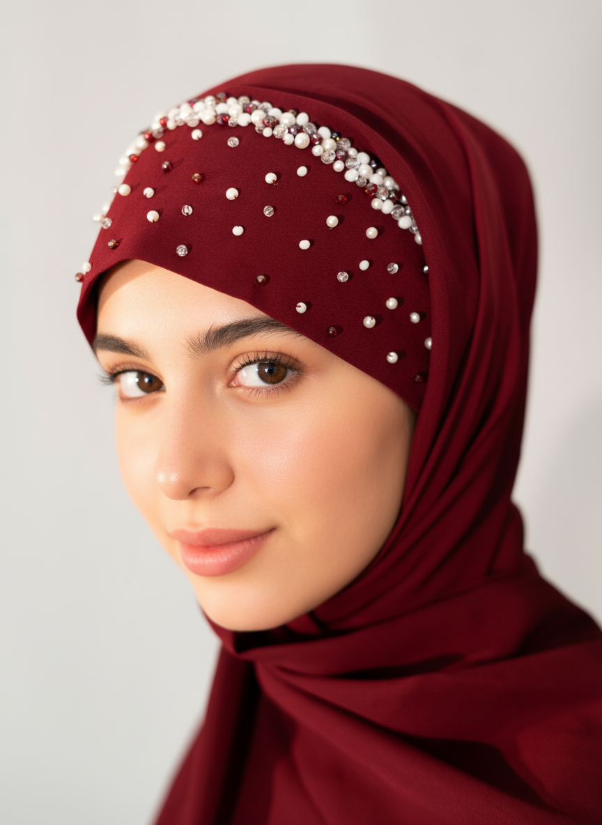 A model wearing a burgundy Pearl Tuck-In Hijab with pearl and crystal embellishments.