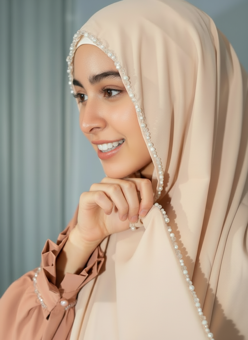 Rosari Beaded Scarf in cream – close-up beaded edge