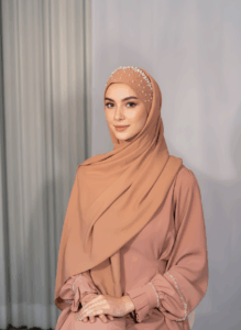 Pearl Tuck-In Hijab in Cream – handcrafted chiffon hijab with hand-applied pearls.