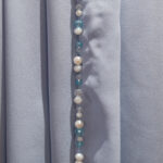 Rosari beaded chiffon scarf close-up in baby blue with hand-applied pearl and crystal bead edge detailing