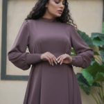Close-up of Nova kimono-style long maxi dress in mauve showing plain bodice and waist detail