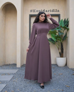 Nova kimono-style long maxi dress in mauve with plain cuffs and flowing silhouette